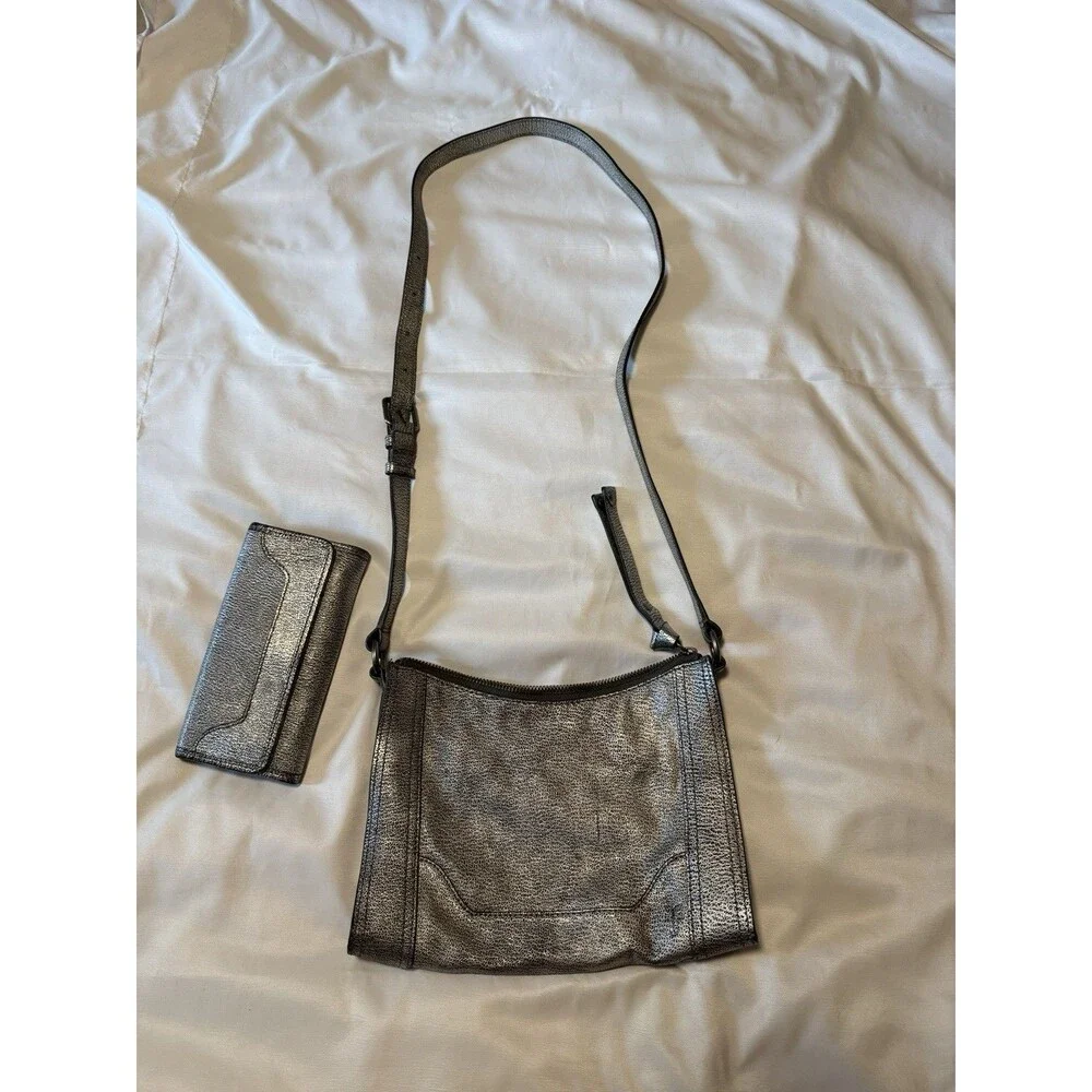 Frye Metallic Leather Crossbody Bag + Matching Wallet Pewter Silver Set